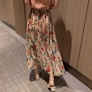 Floral A-line Midi Pleated Chiffon Skirt