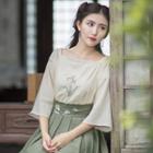 3/4-sleeve Square Neck Embroidery Top