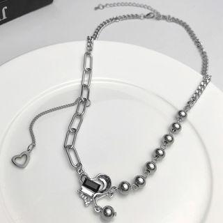 Heart Faux Crystal Pendant Stainless Steel Necklace Black Rhinestone - Silver - One Size