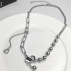 Heart Faux Crystal Pendant Stainless Steel Necklace Black Rhinestone - Silver - One Size