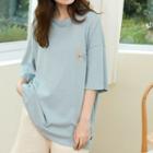 3/4-sleeve Embroidered T-shirt Blue - One Size