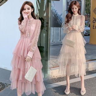 Set: Lace Long-sleeve Tiered Midi Dress + Slipdress