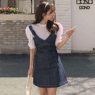 Puff-sleeve T-shirt / Denim Overall Dress