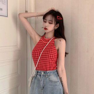Halter-neck Houndstooth Knit Top Red - One Size