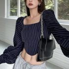 Square-neck Puff-sleeve Pinstriped Blouse