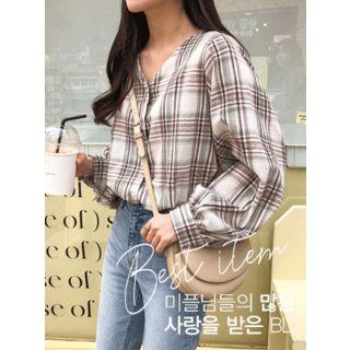 V-neck Balloon-sleeve Plaid Blouse One Size