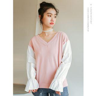 Balloon-sleeve V-neck Pullover