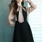 Long-sleeve Ribbon Accent Blouse / Midi Overall Dress
