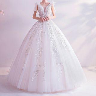 Floral Embroidered Mesh Bow Wedding Ball Gown