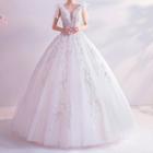 Floral Embroidered Mesh Bow Wedding Ball Gown