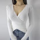 Long-sleeve Deep V Neckline Wrapped T-shirt