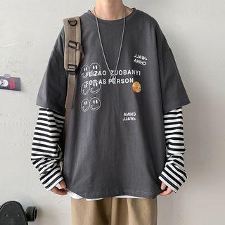 Mock Two Piece Striped Smiley Face Print T-shirt
