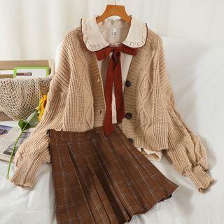 Set: Cardigan + Ruffled Blouse + Plaid A-line Skirt