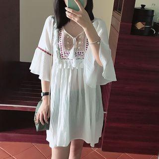 Embroidered Flutter-sleeve Tunic