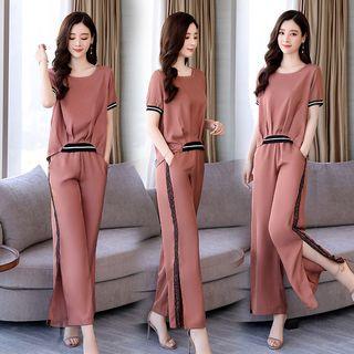 Set: Short-sleeve Contrast Trim Top + Wide Leg Pants