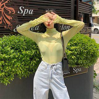 Shirred Long-sleeve Mock Neck T-shirt