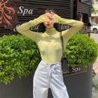 Shirred Long-sleeve Mock Neck T-shirt