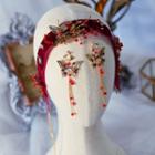 Set: Wedding Butterfly Rhinestone Headband + Fringed Earring Headband - Wine Red - One Size / 1 Pair - Earrings - Wine Red - One Size