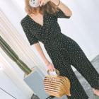 Short-sleeve Wrap-front Polka-dot Jumpsuit