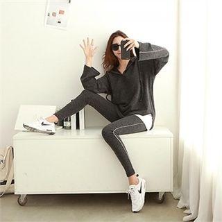 Set: Contrast-trim Henley Hoodie + Sweatpants