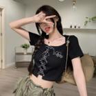 Short-sleeve Square Neck Lace-up Crop T-shirt Black - One Size