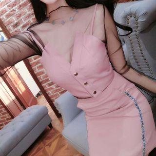 Set: Strappy Top + Long-sleeve Sheer Top + Fitted Skirt