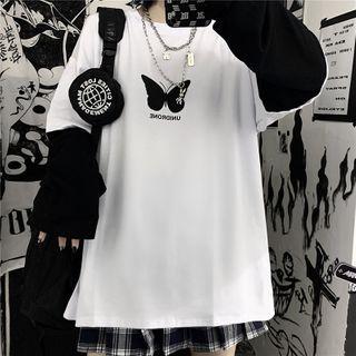 Long-sleeve Panel Butterfly-print T-shirt