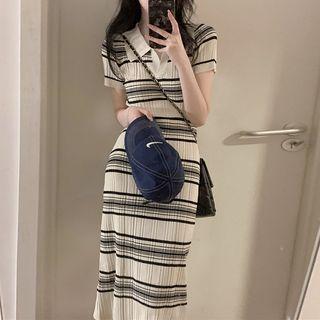 Short-sleeve Striped Knit Bodycon Polo Dress Stripe - Black & Beige - One Size