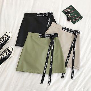 Lettering Tie-waist Leather A-line Skirt