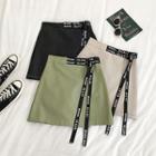 Lettering Tie-waist Leather A-line Skirt