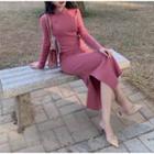 Long-sleeve Knit Midi Sheath Qipao Dress