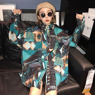 Printed Long-sleeve Shirt Dark Green - One Size