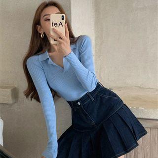 Long-sleeve V-neck Plain Slim-fit Top / High-waist Denim Skirt