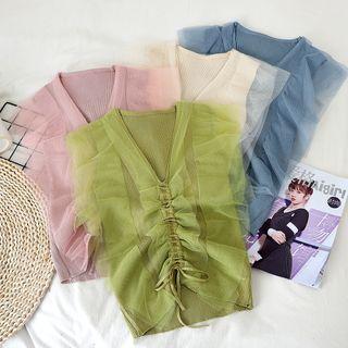 Mesh Panel Drawstring Sleeveless Knit Top