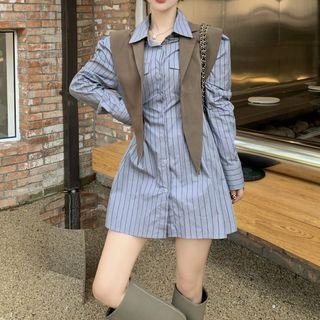 Open-front Vest / Striped Mini A-line Shirtdress