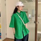 Short-sleeve Plain Loose-fit Shirt Green - One Size