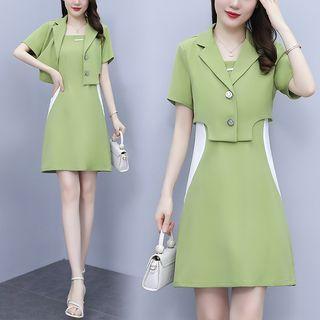 Set Of 2 - Color Panel Dress + Loose-fit Notch Lapel Jacket