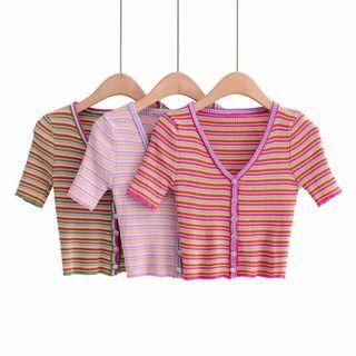 Short-sleeve V-neck Striped Crop Knit Top