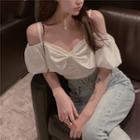 Ribbon Cold-shoulder Puff-sleeve Cropped Blouse White - One Size