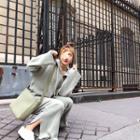 Set: Hooded Sweater + Wide-leg Pants Mint Green - One Size