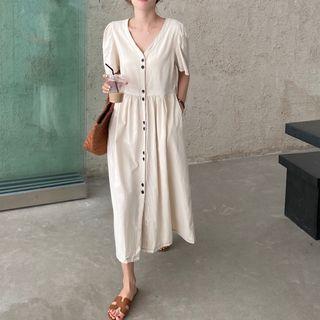 Short-sleeve Button-up Midi A-line Dress Off-white - One Size