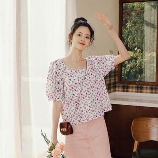 Printed Square-neck Short-sleeve Blouse As Shown In Figure - One Size