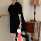 Short-sleeve Corduroy Mini A-line Dress Black - One Size