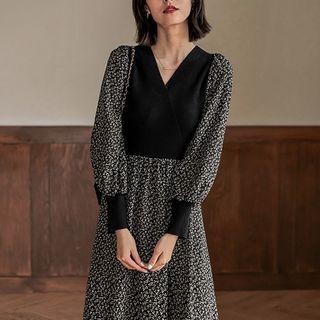 Puff-sleeve Paneled Floral Print Midi A-line Dress White Floral - Black - One Size