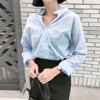 Open-placket Long-sleeve Pinstripe Blouse