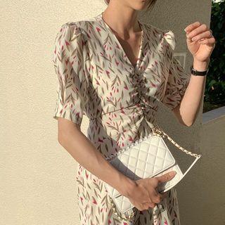 Floral Print Short-sleeve Ruffle Hem Midi A-line Dress