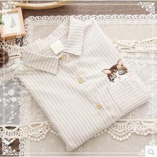 Cat Embroidered Striped Shirt