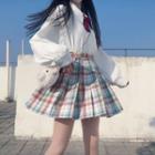 Plaid Pleated Mini A-line Skirt / Ribbon Bow Tie