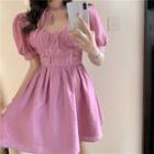 Puff-sleeve Frill Trim A-line Dress Pink - One Size