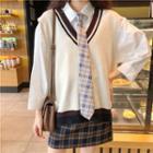 Long Sleeve Plain Blouse / V-neck Vest / Plaid Skirt